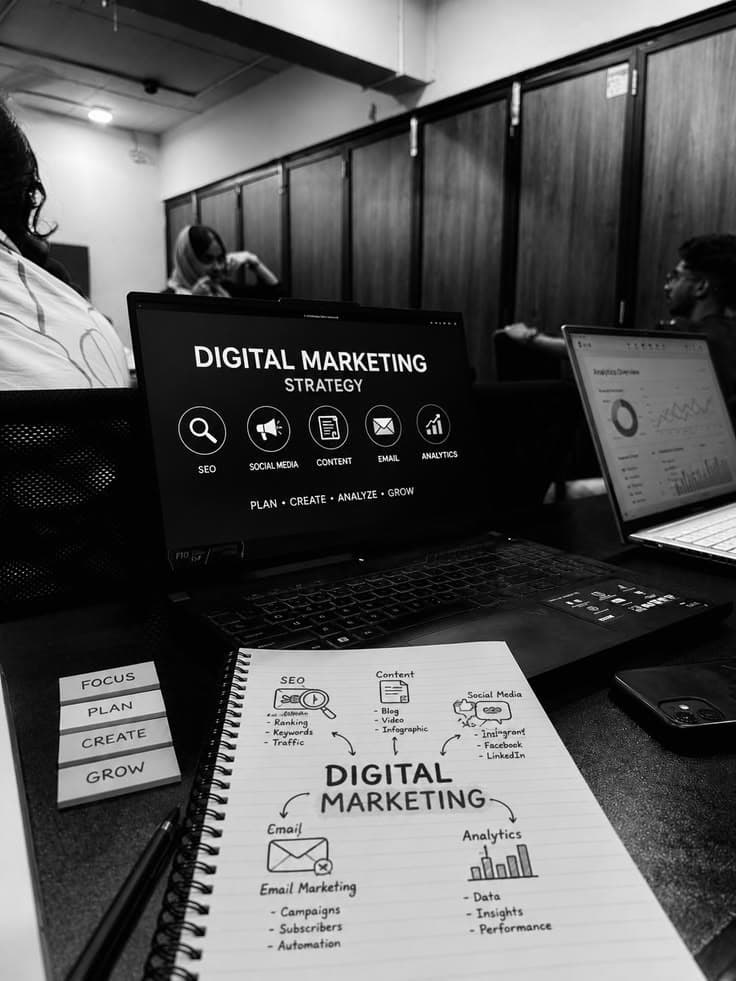 A laptop showing a digital marketing strategy breakdown beside matching handwritten notes