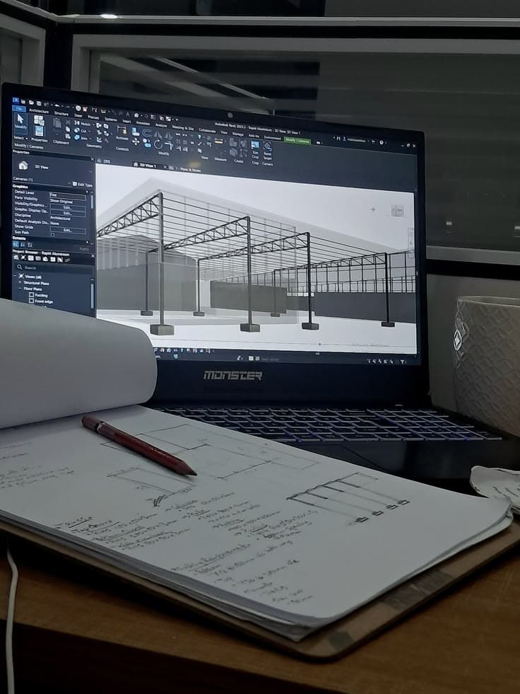 A laptop showing a 3D structural model beside hand-drawn sketches