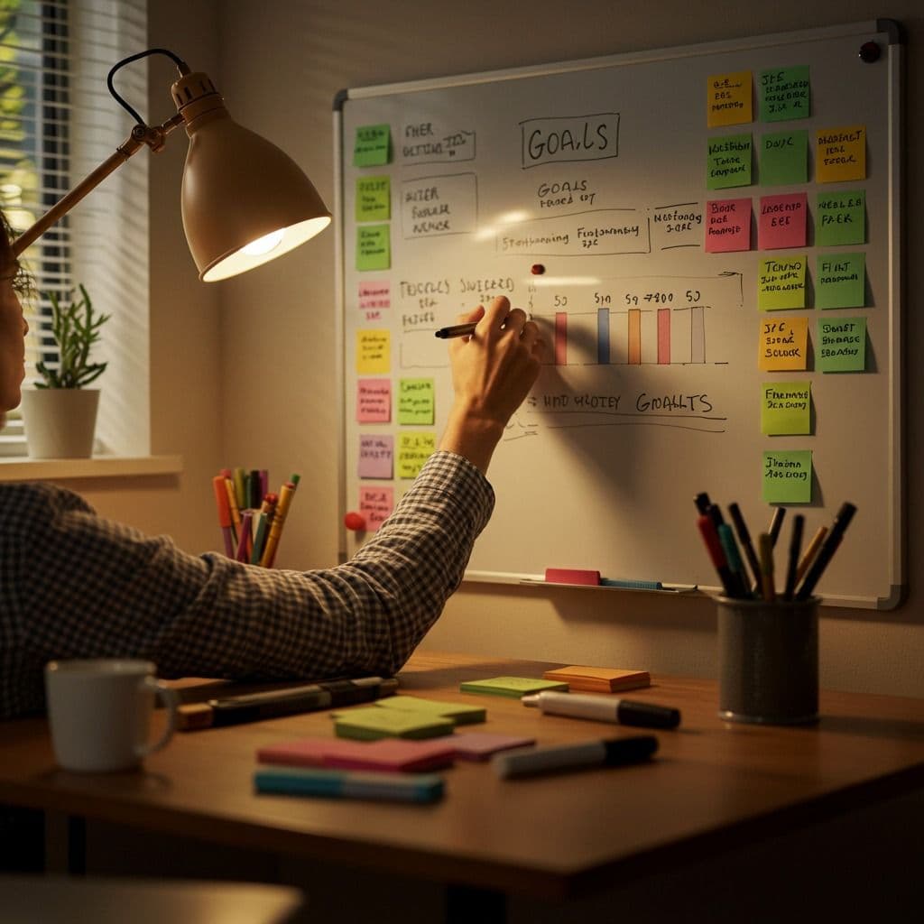 A person writing goals and notes on a whiteboard
