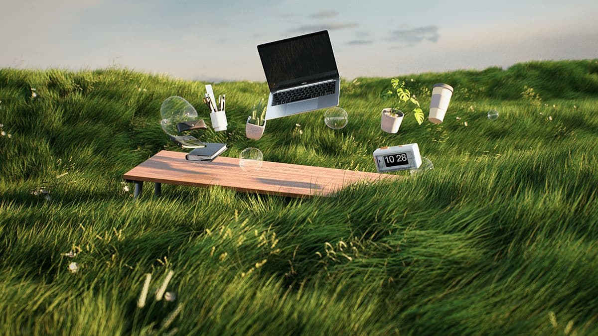 A stylized desk scene with a laptop and everyday objects