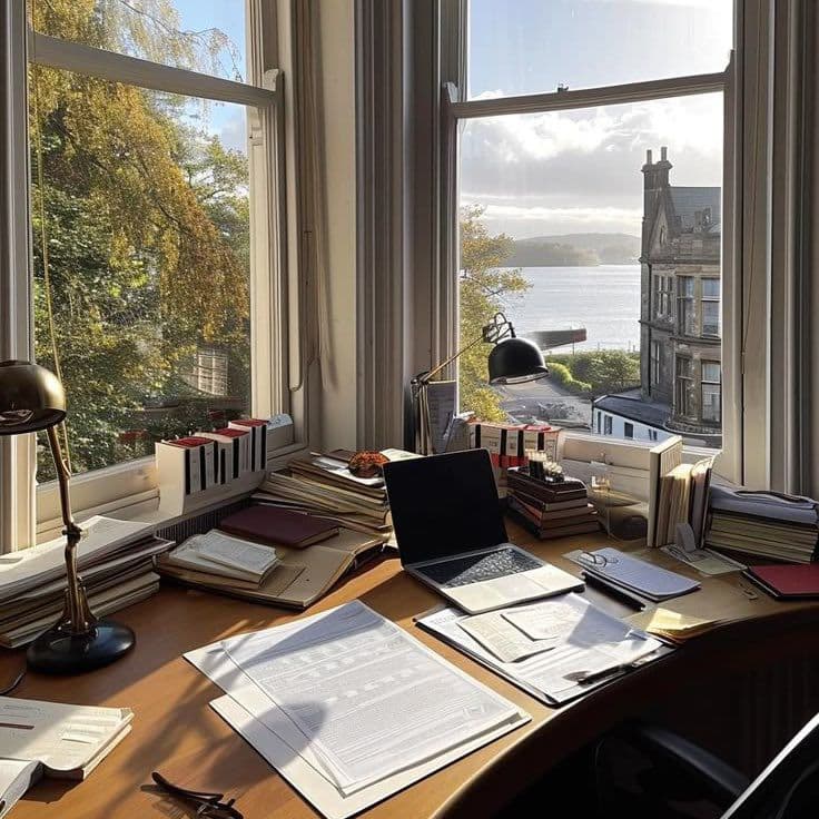 A desk by a window overlooking a lake, with a laptop, papers and books