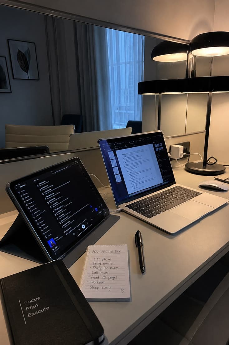 A laptop and tablet set up for focused work