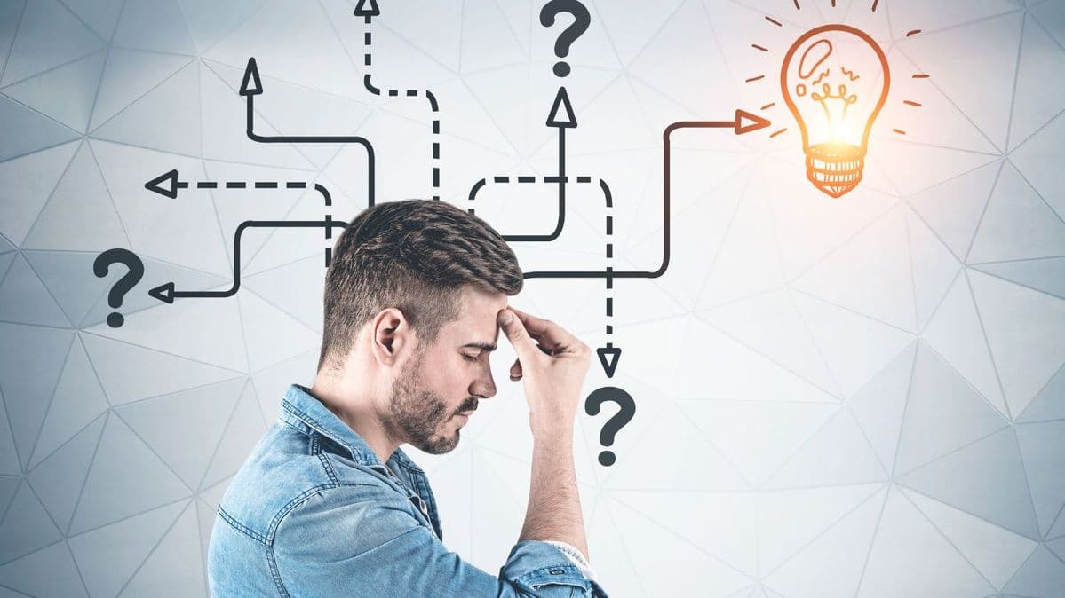 An illustration of a person thinking through a problem toward an idea