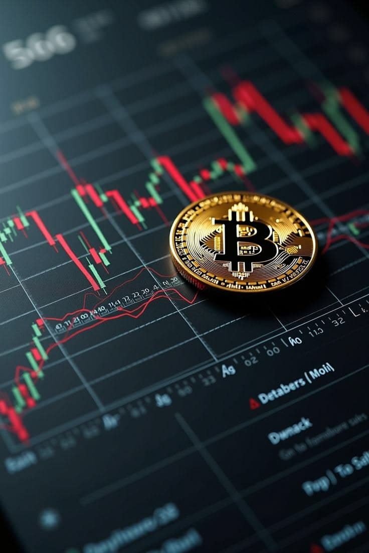 A coin with a Bitcoin symbol resting on a trading chart