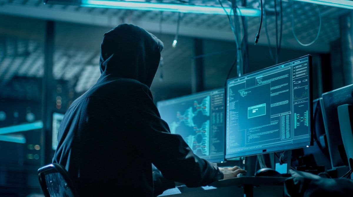 A hooded figure working at multiple monitors showing security dashboards