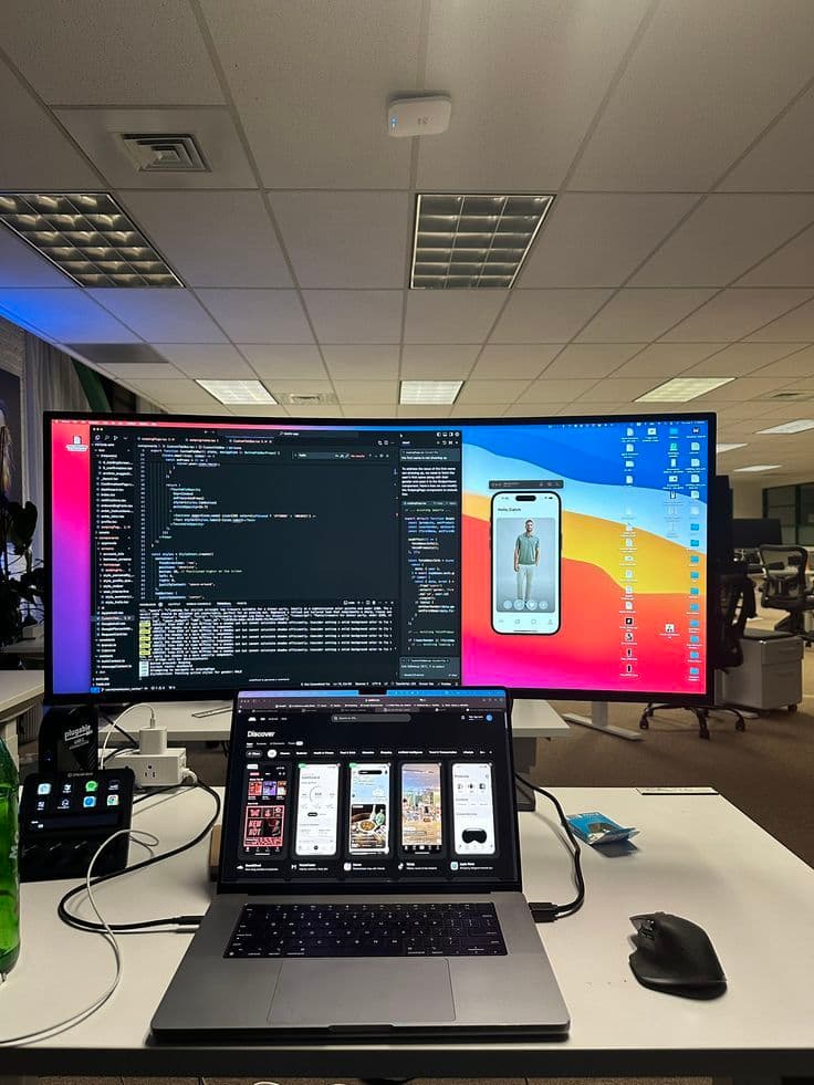 A desk with multiple monitors showing code and a mobile app interface