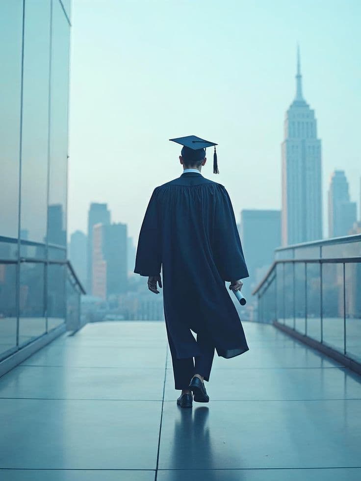 A graduate in cap and gown walking toward a city skyline